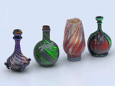 Colorful Glass Vase Ornament Set With Unique Shapes And Vibrant Hues 3d model