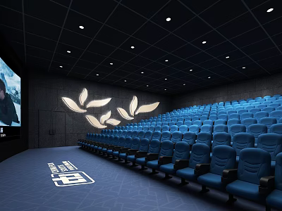 Cinema Interior With Blue Seats Large Screen Leaf Shaped Decorations And Ceiling Lights 3d model