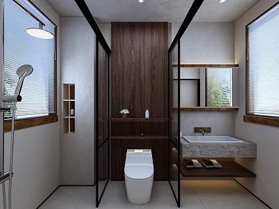 Modern Minimalist Bathroom Design With Wood Accents Smart Toilet Glass Shower Partition And Floating Vanity 3d model