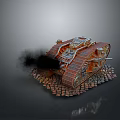 Vintage Rusty Tank with Black Smoke on Cobblestone Ground Gray Background