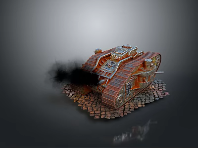Vintage Rusty Tank with Black Smoke on Cobblestone Ground Gray Background 3d model