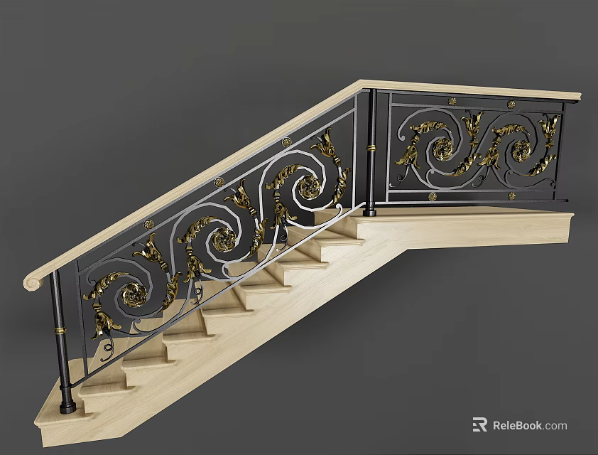 Decorative Staircase Railing With Ornate Gold And Black Scroll Patterns And Light Colored Steps 3d model 