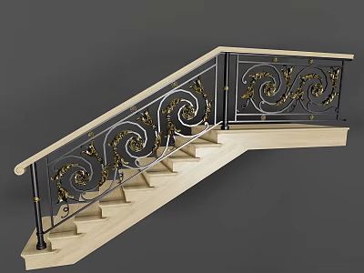 Decorative Staircase Railing With Ornate Gold And Black Scroll Patterns And Light Colored Steps 3d model