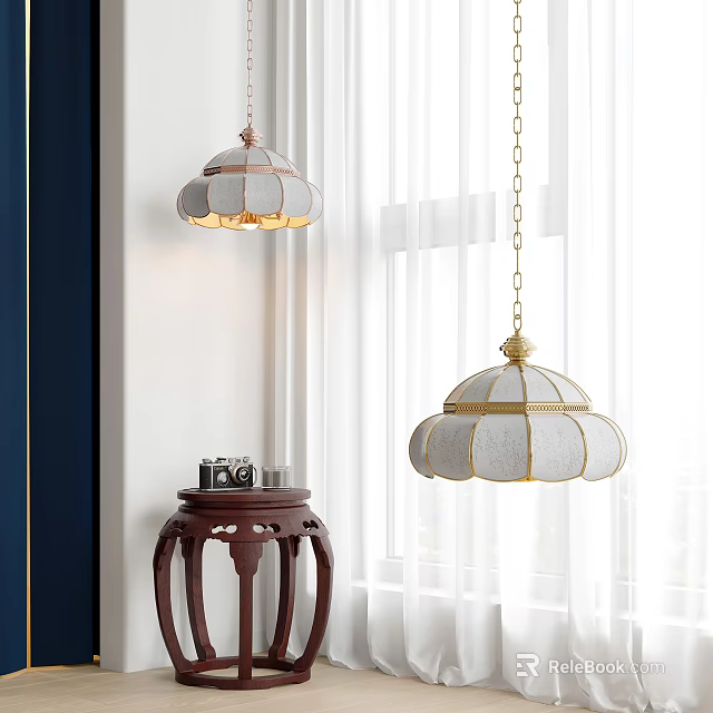 Elegant White Chandelier With Gold Trim Design Above Wooden Table Near Window With White Curtains 3d model 