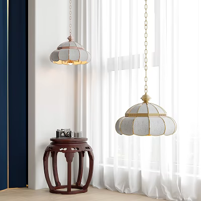 Elegant White Chandelier With Gold Trim Design Above Wooden Table Near Window With White Curtains 3d model