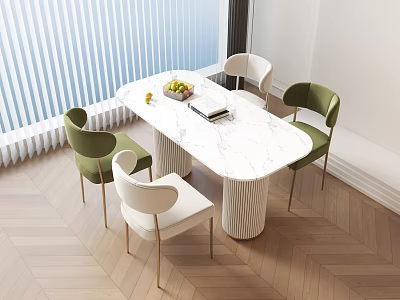 Modern Dining Table Set with Marble Top and Green White Chairs in Modern Interior 3d model