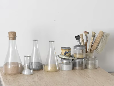 Decorative Ornament Set with Glass Containers Metal Tins and Brushes on Light Wooden Tabletop 3d model