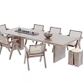 Modern Natural Wooden Dining Table With Woven Chairs And Tray Bowl Decoration