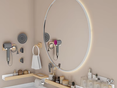 Modern Bathroom Set With Round Backlit Mirror Wooden Shelves Hair Dryer And Toiletries 3d model