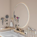 Modern Bathroom Set With Round Backlit Mirror Wooden Shelves Hair Dryer And Toiletries