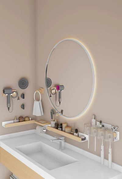 Modern Bathroom Set With Round Backlit Mirror Wooden Shelves Hair Dryer And Toiletries 3d model