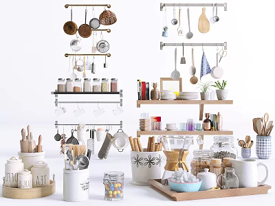 Practical Kitchen Shelving Unit With Hanging Utensils Jars Containers And Dishes 3d model