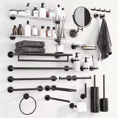 Black Bathroom Wall Racks With Towel Bars Shelves Mirror And Bathroom Essentials 3d model