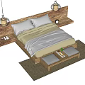 Double Bed With Wooden Headboard White Sheets Two Pillows Hanging Lamps And Storage Bench