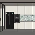 Modern Glass Sliding Doors With Black Frame In Kitchen With White Cabinets And Marble Backsplash