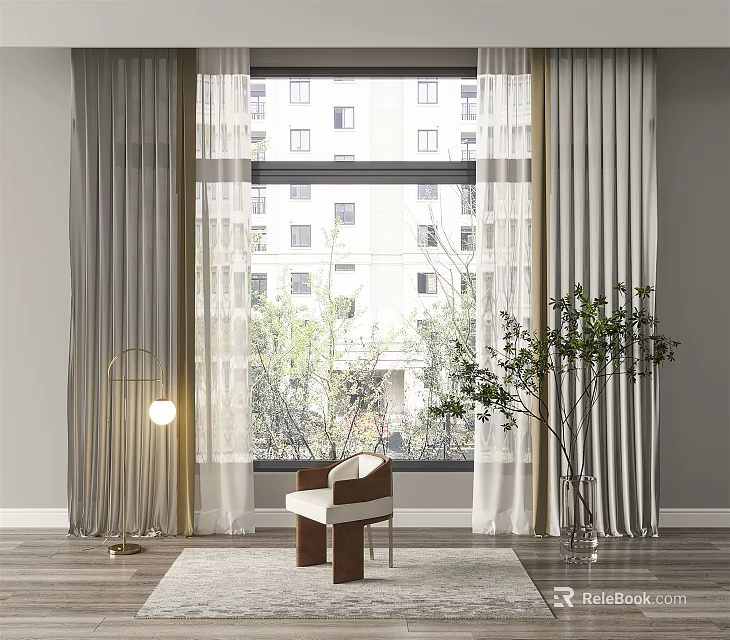 Modern Room Window With Gray Curtains And Sheer Panels Alongside Chair Plant And Floor Lamp 3d model 