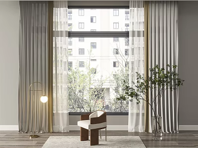 Modern Room Window With Gray Curtains And Sheer Panels Alongside Chair Plant And Floor Lamp 3d model