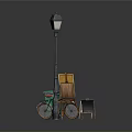 Wooden Outdoor Chair With Small Chalkboard Green Trash Bin And Lamp Post