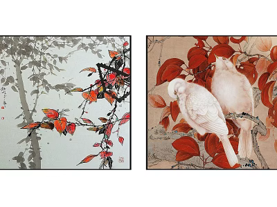 Traditional Chinese Paintings With White Doves Red Orange Leaves And Tree Branches 3d model