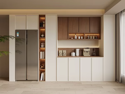 Modern Kitchen Interior With Stylish Wine Cabinet Wooden Cabinets Decor Items And Storage Design 3d model