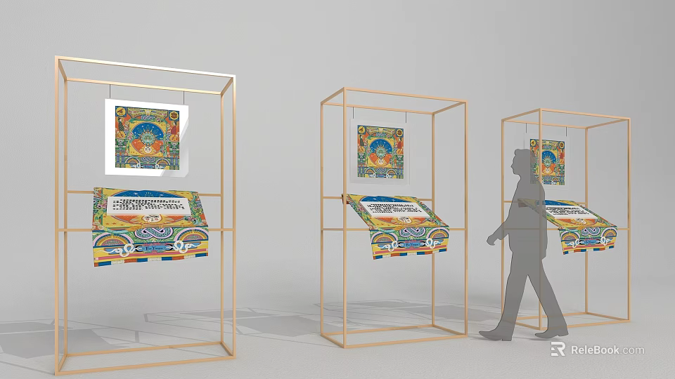 Art Installation With Golden Frame Display Stands And Colorful Artworks For Exhibition 3d model 