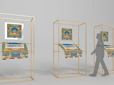 Art Installation With Golden Frame Display Stands And Colorful Artworks For Exhibition 3d model