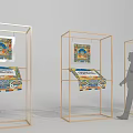 Art Installation With Golden Frame Display Stands And Colorful Artworks For Exhibition