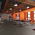 Modern Fitness Gym Interior With Orange Walls Gray Floors Treadmills And Weightlifting Equipment