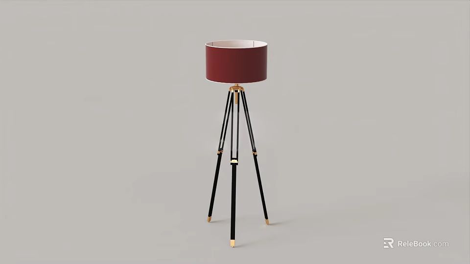 Modern Floor Lamp With Tripod Base Black And Gold Stand Red Lampshade 3d model 