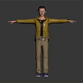 Character With Arms Outstretched Wearing Yellow Jacket Brown Pants And Blue Sneakers On Gray Background