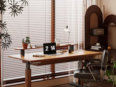 Modern Wooden Desk With Laptop Lamp Potted Plant Books And Office Chair 3d model