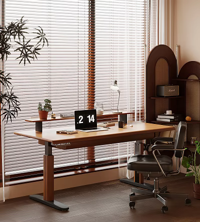 Modern Wooden Desk With Laptop Lamp Potted Plant Books And Office Chair 3d model