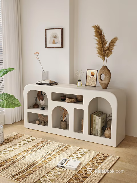 White Decorative Cabinet With Arched Compartments Displaying Vases Books Photo Frame And Dried Pampas Grass 3d model 