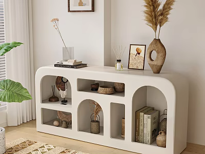 White Decorative Cabinet With Arched Compartments Displaying Vases Books Photo Frame And Dried Pampas Grass 3d model