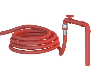 Red Coiled Water Hose Connected To Faucet Pipe With Metal Connector 3d model
