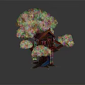 Wooden Tree House Building On Tall Tree With Green Leaves Pink Flowers And Slide