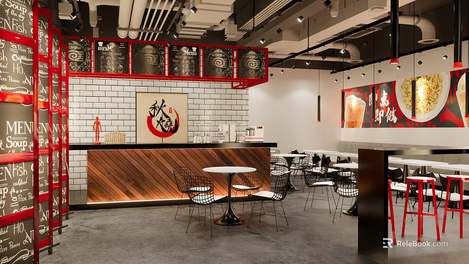 Stylish Modern Restaurant Interior With Red Frames White Brick Wall And Wooden Counter 3d model 