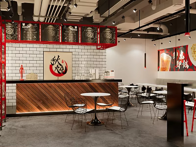 Stylish Modern Restaurant Interior With Red Frames White Brick Wall And Wooden Counter 3d model