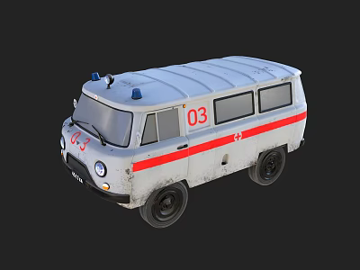 Vintage Ambulance With White Body Red Stripes Blue Emergency Lights And Number 03 3d model