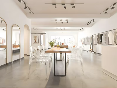 Modern Clothing Store Interior With Arched Mirrors Clear Chairs Clothes On Racks And Ceiling Spotlights 3d model