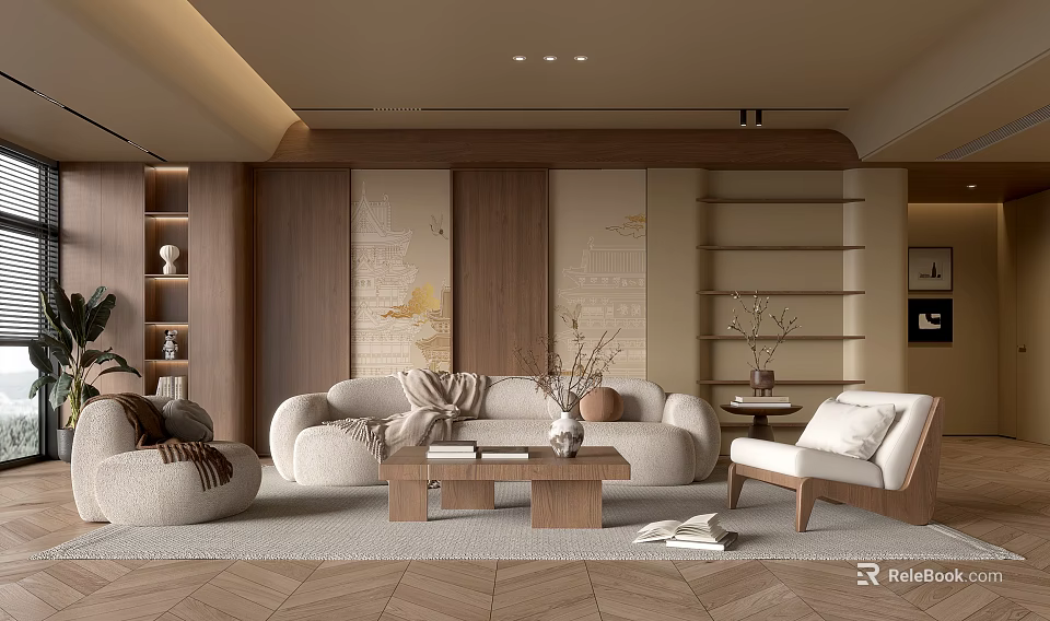 Modern Living Room Interior With Wooden Accents Sofa Coffee Table And Decorative Plants 3d model 