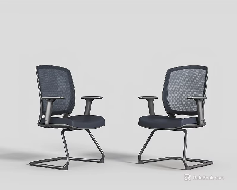 Two Modern Office Chairs with Mesh Back and Armrests on Metal Frame Base 3d model