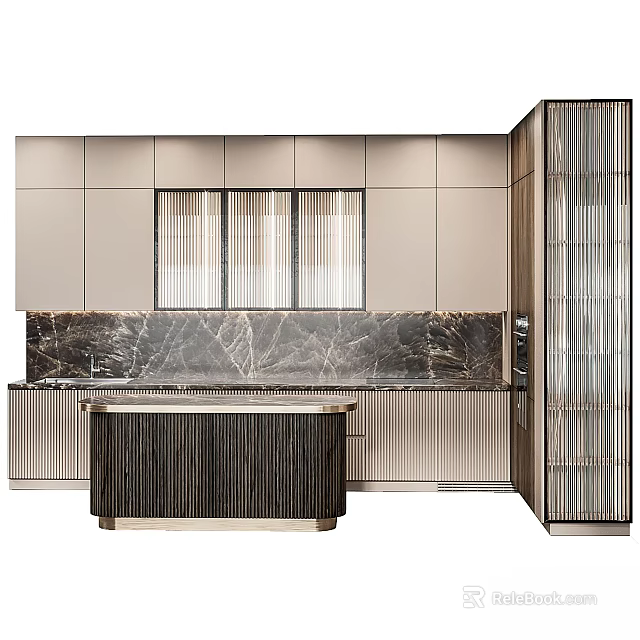 Elegant Modern Kitchen With Marble Countertop Glass Doors And Metal Accent Cabinets 3d model 