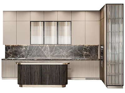 Elegant Modern Kitchen With Marble Countertop Glass Doors And Metal Accent Cabinets 3d model
