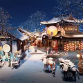 Traditional Ancient Night Scene With Traditional Buildings Lanterns Full Moon People Horses and Carriages