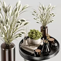 Modern Decorative Ornament Combination With Metallic Vase Dried Flowers Green Plants Trays And Candles