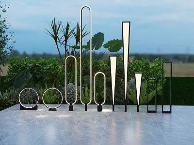 Modern Outdoor Lights In Various Shapes Arranged Near Greenery And Evening Sky 3d model
