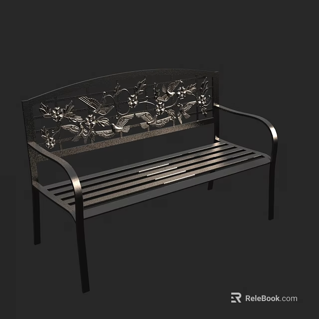 Roadside Facility Metal Bench With Decorative Floral Pattern Black Frame And Metal Slats Seat 3d model 