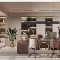Modern Office Interior Design With Desk Chairs Green Plant Bookshelf And Hanging Lights