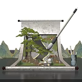 Traditional Chinese Ink Scroll Scene With Pine Tree Brush Mountain Peaks And Stream